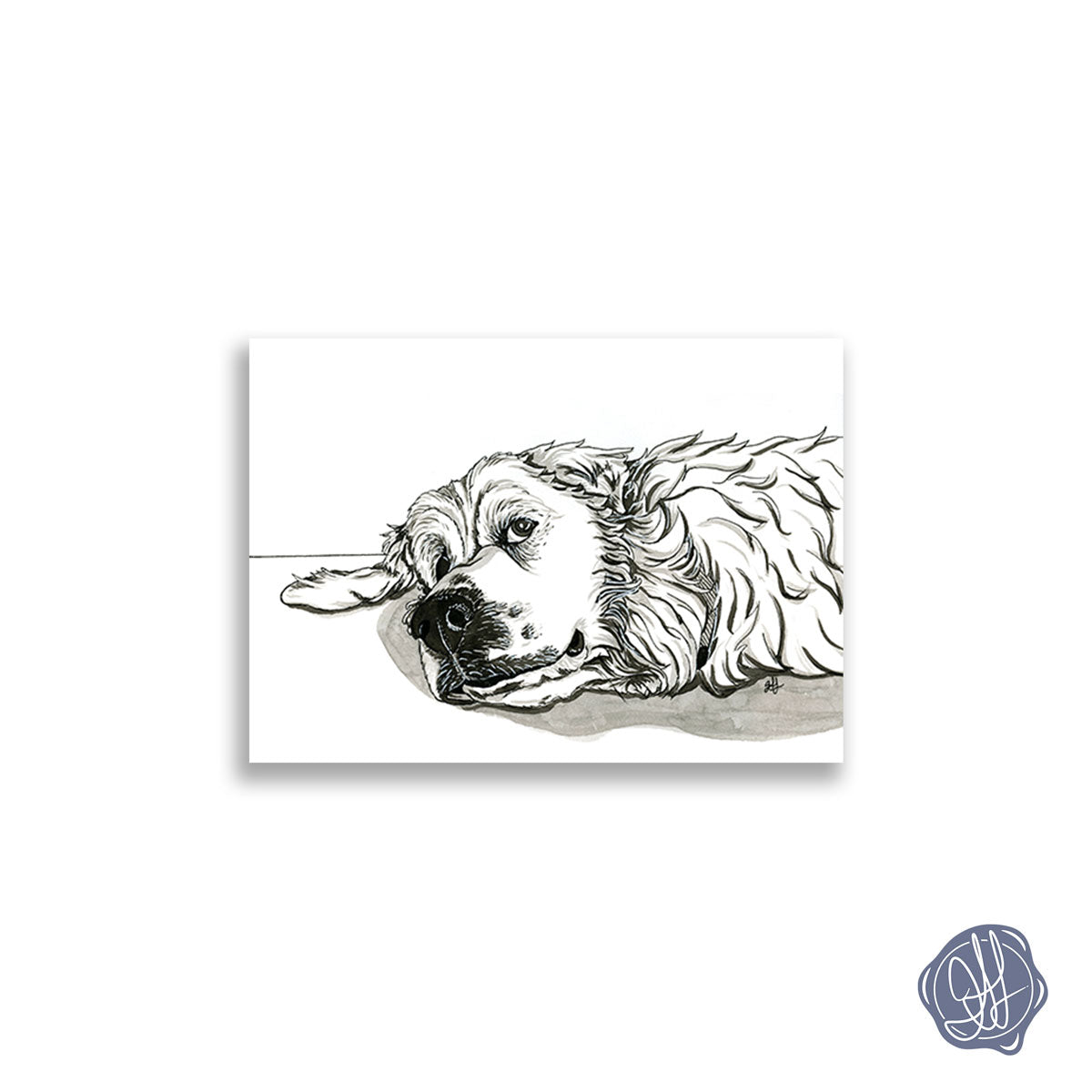 A giclee fine art print of a pen and ink illustration of a great pyrenees dog giving side eye, with a white background.