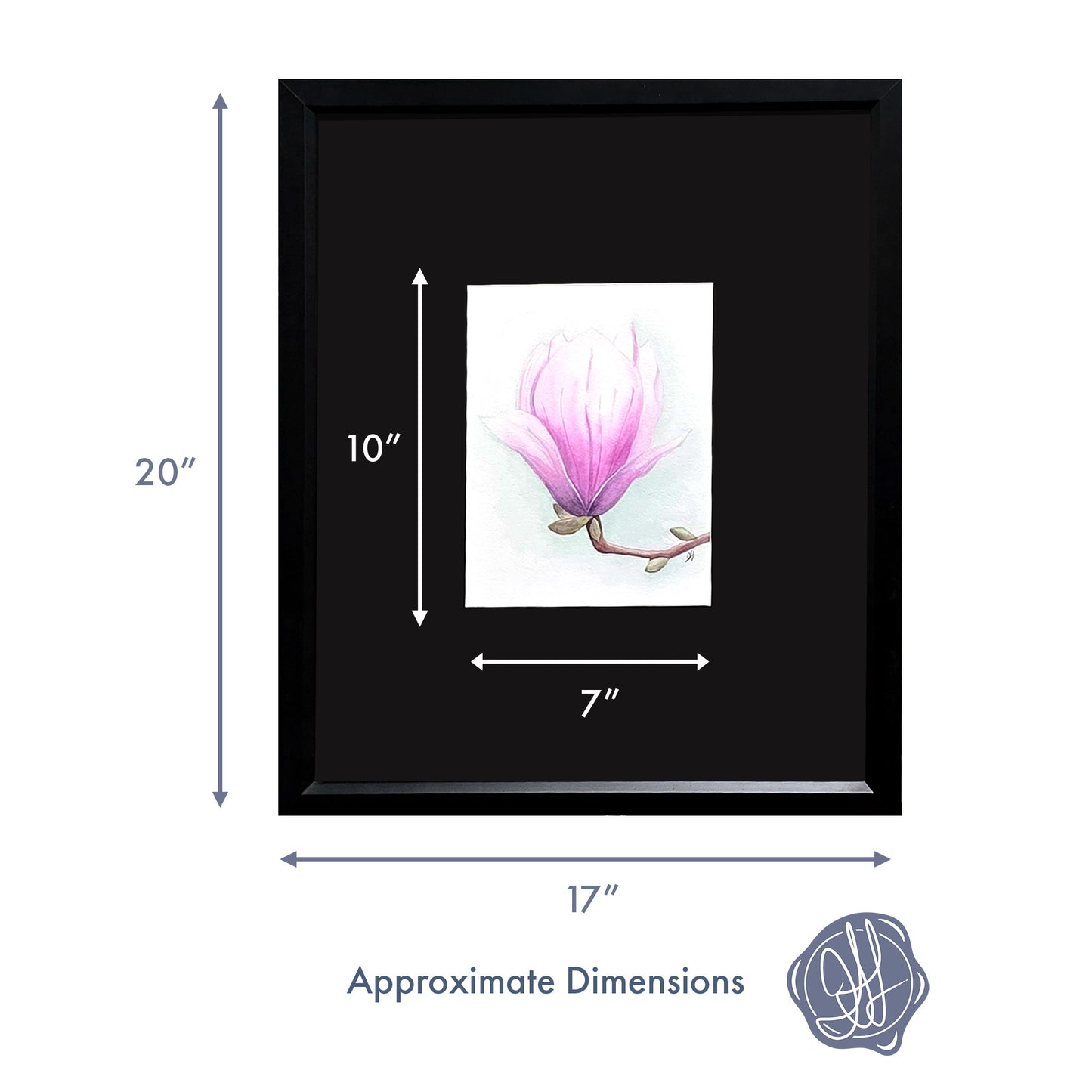 Dimensions of an original framed watercolor painting of a magnolia blossom by Heidi Leduc, highlighting the delicate petals and subtle colour transitions.