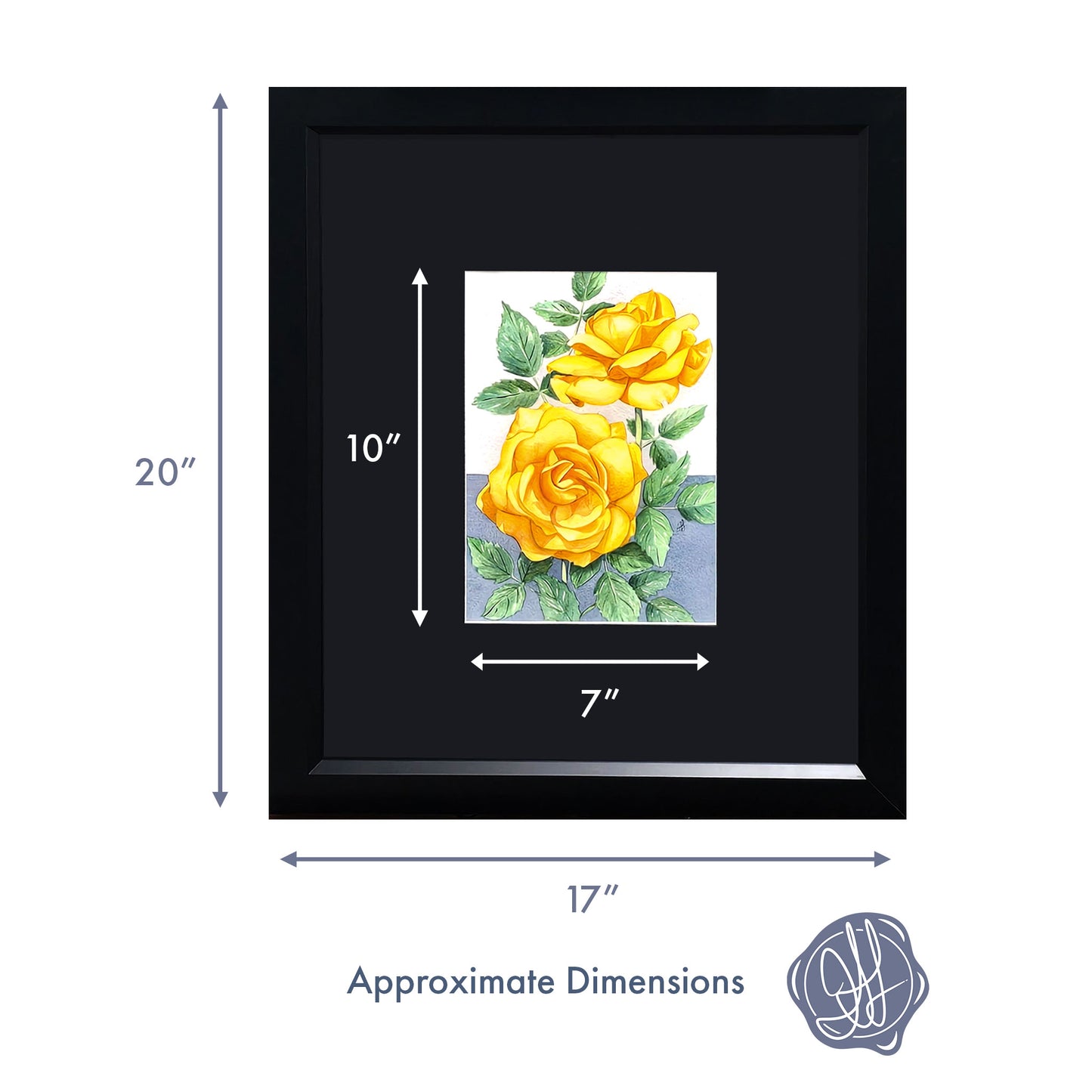 Dimensions of an original framed watercolor painting of a South Africa Rose by Heidi Leduc, highlighting the vibrant orange petals and complementary blue background.