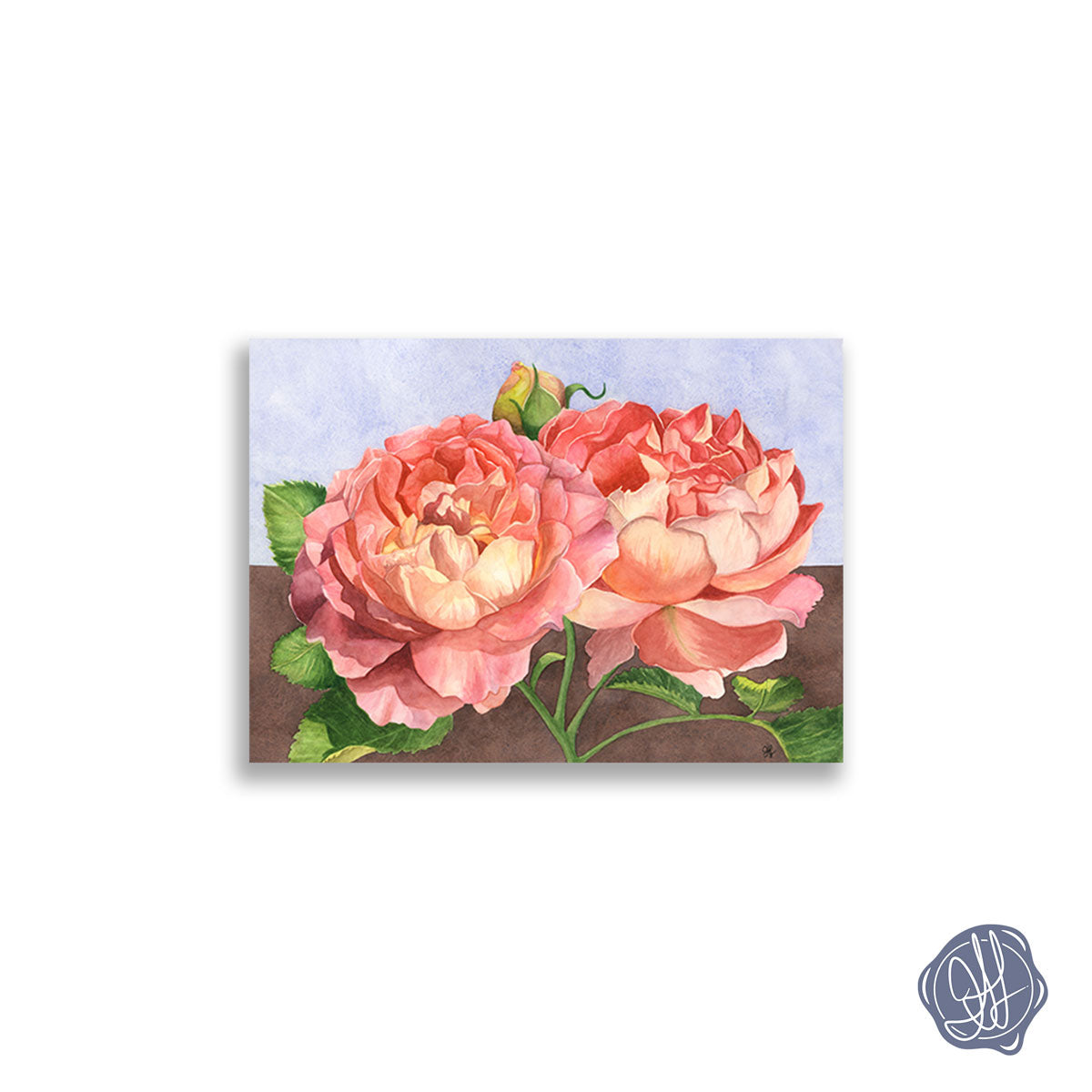 Watercolor rose giclée art print by Heidi Leduc shown framed on a wall — glowing pink roses against a minimalist split blue and brown background. By Heidi Leduc