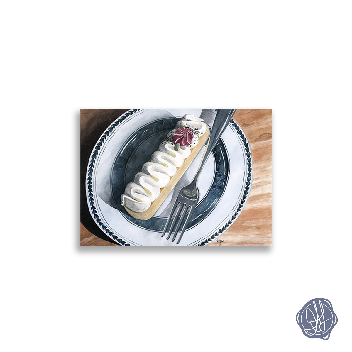 Watercolor still life of a dessert tart with whipped cream, pumpkin seeds, berry ganache, and fork — archival giclée print. By Heidi Leduc