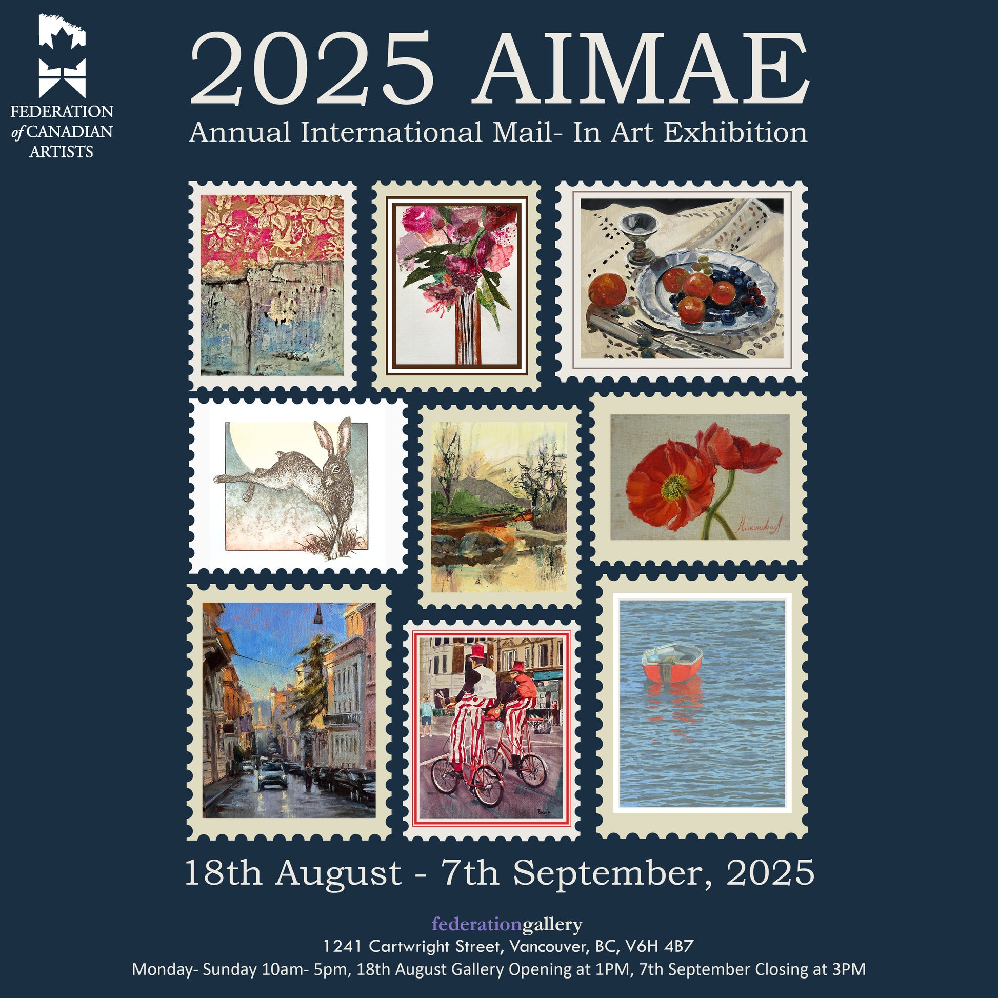 Promotional poster for the 2025 AIMAE Annual International Mail-In Art Exhibition with artwork samples on a dark blue background.