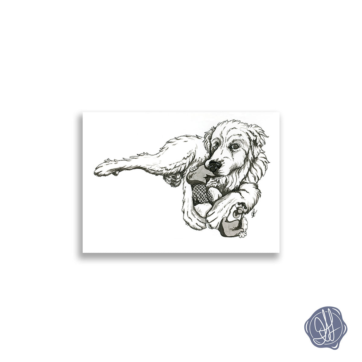 A giclee fine art print of pen and ink illustration of a great pyrenees dog chewing on a chicken stuffie toy. By Heidi Leduc