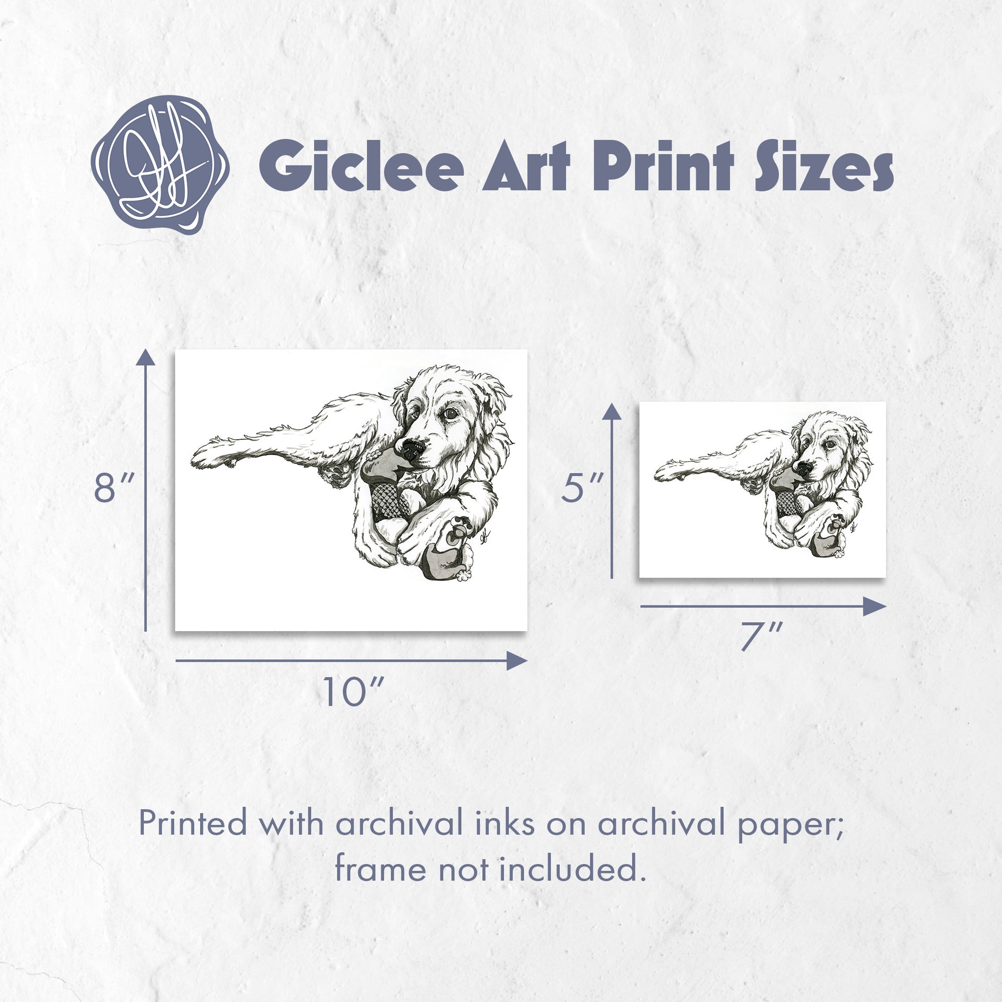 Print sizes for a giclee fine art print of pen and ink illustration of a great pyrenees dog chewing on a chicken stuffie toy. By Heidi Leduc