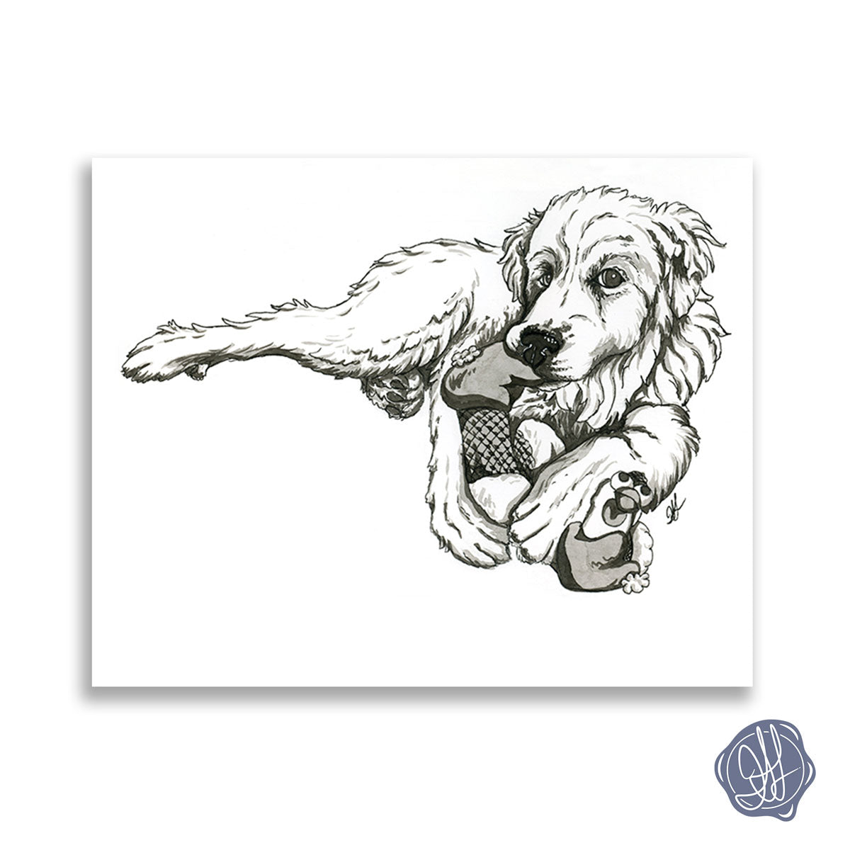 A giclee fine art print of pen and ink illustration of a great pyrenees dog chewing on a chicken stuffie toy. By Heidi Leduc