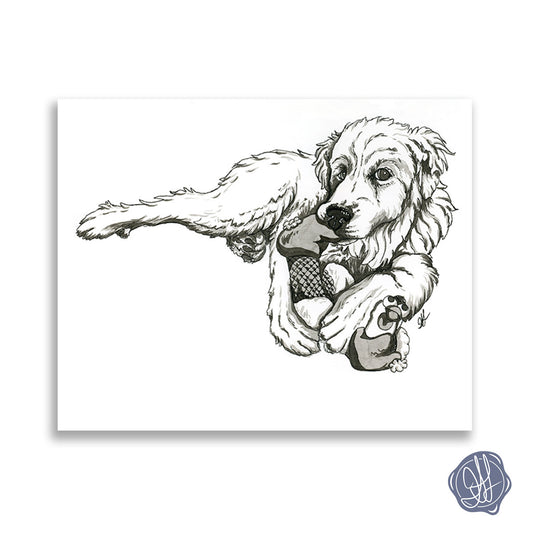 A giclee fine art print of pen and ink illustration of a great pyrenees dog chewing on a chicken stuffie toy. 