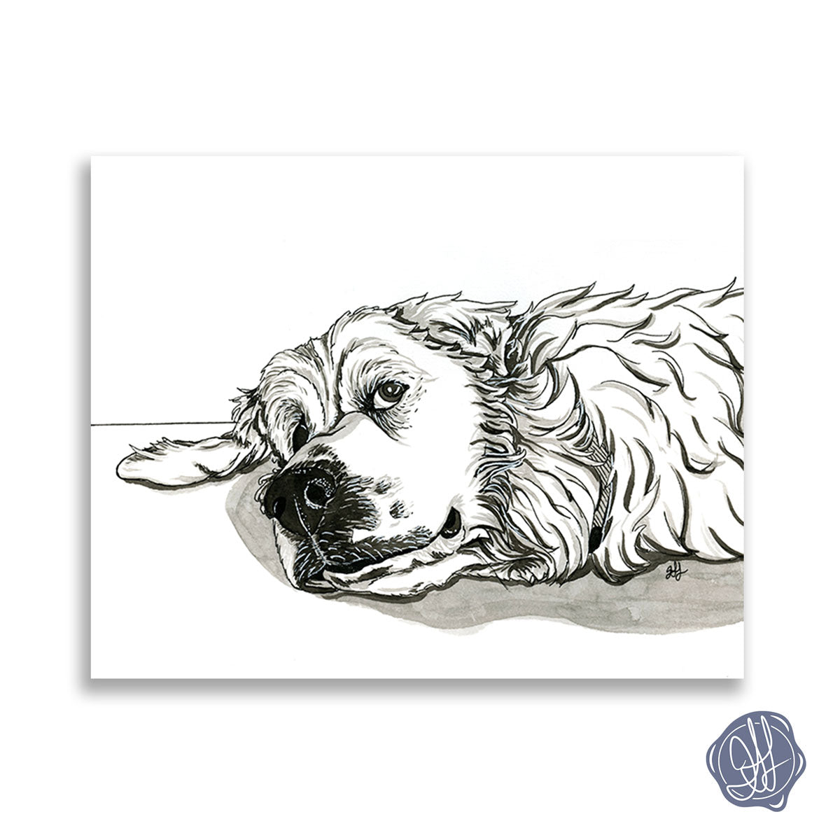 A giclee fine art print of a pen and ink illustration of a great pyrenees dog giving side eye, with a white background. 