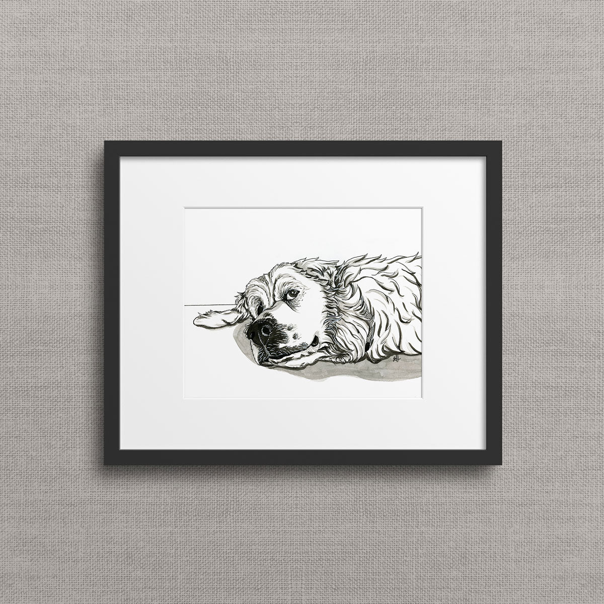 A framed giclee fine art print of a pen and ink illustration of a great pyrenees dog giving side eye, with a white background. Frame not included.