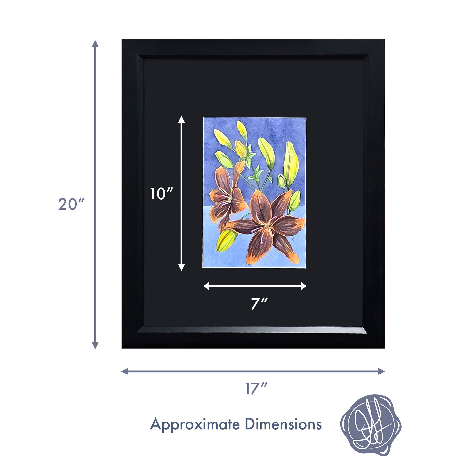 Dimensions of an original watercolor painting of a Forever Susan Lily on paper.