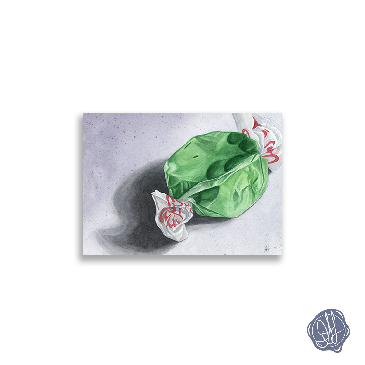 Watercolour still life of green apple taffy candy with twisted wrapper — minimalist archival giclée print. By Heidi Leduc