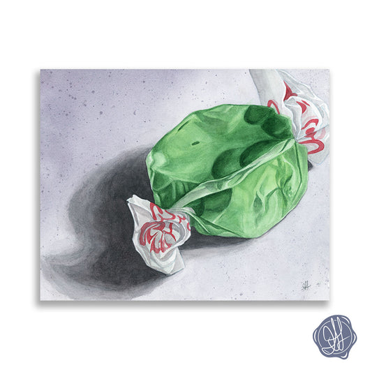 Watercolour still life of green apple taffy candy with twisted wrapper — minimalist archival giclée print. By Heidi Leduc
