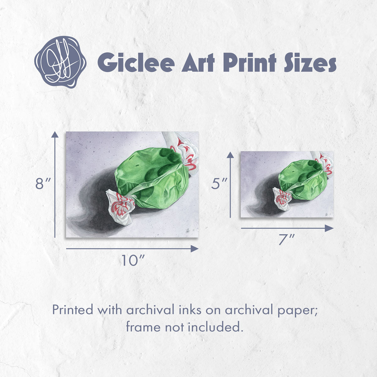 Giclee art print sizes for Watercolour still life of green apple taffy candy with twisted wrapper — minimalist archival giclée print. By Heidi Leduc