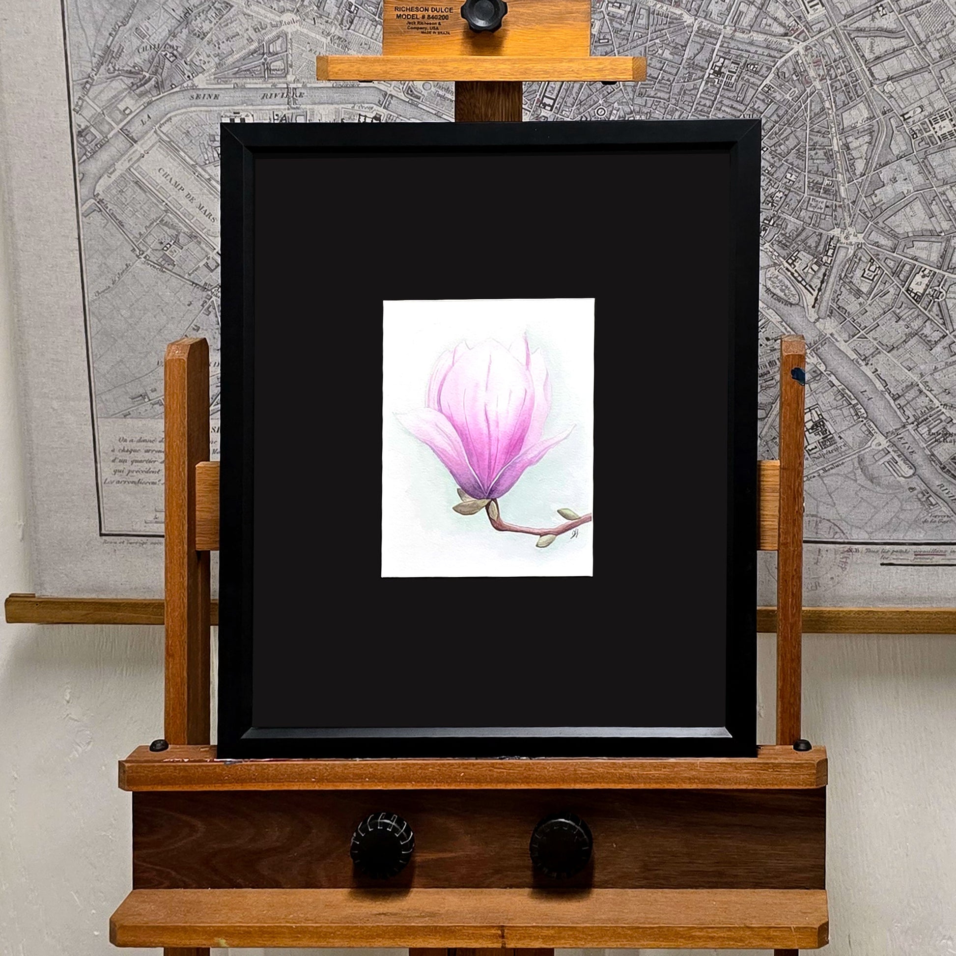 Original framed watercolor painting of a single magnolia bloom on a stem against a soft green background.