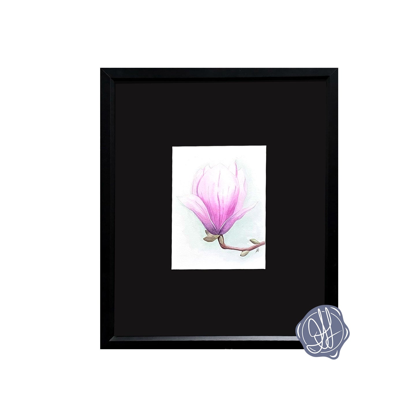 Framed watercolor painting of a single magnolia bloom on a stem against a soft green background.