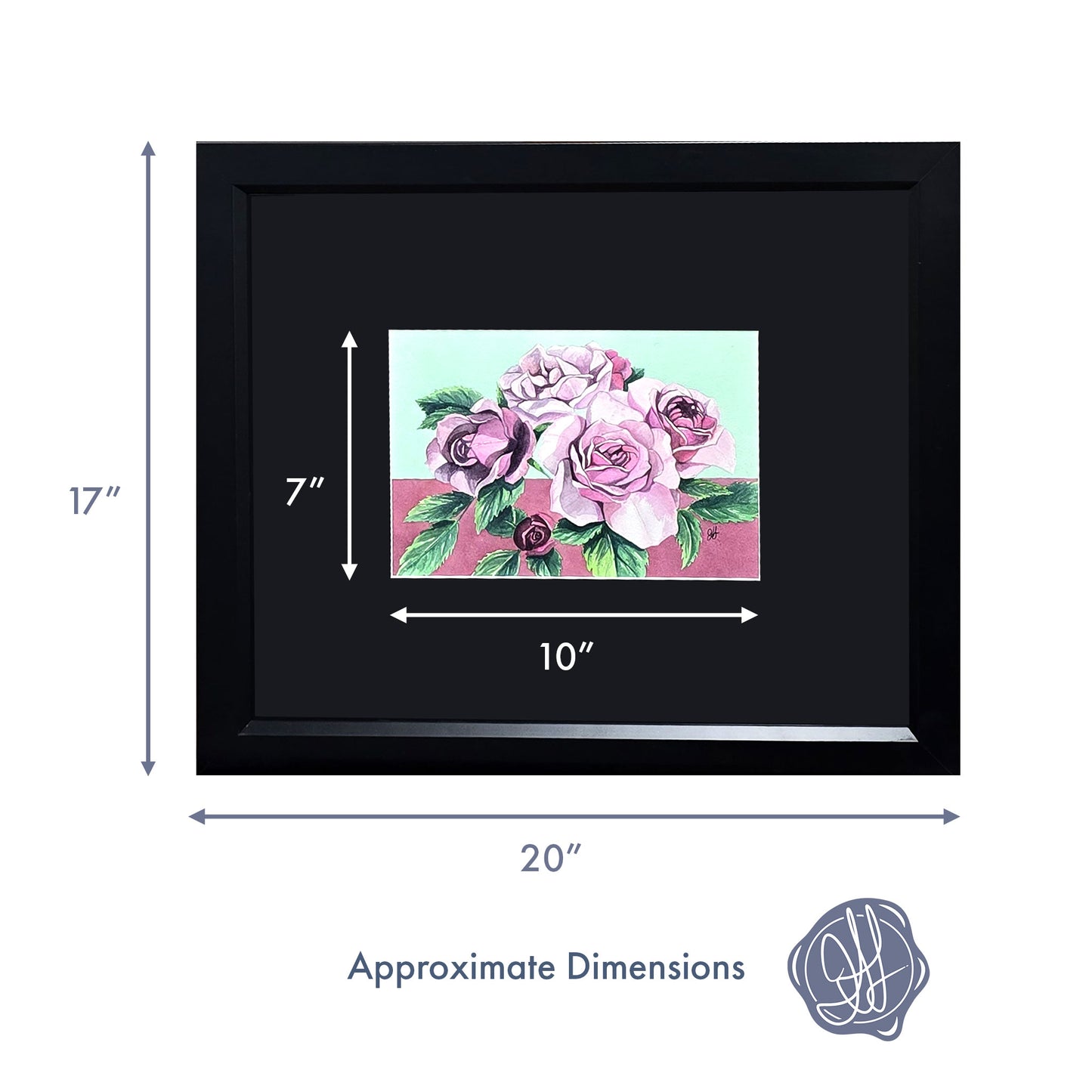 Dimensions of an original framed watercolor painting of a Lavender Veranda Rose by Heidi Leduc, highlighting the soft lavender blooms and contemporary colour palette.
