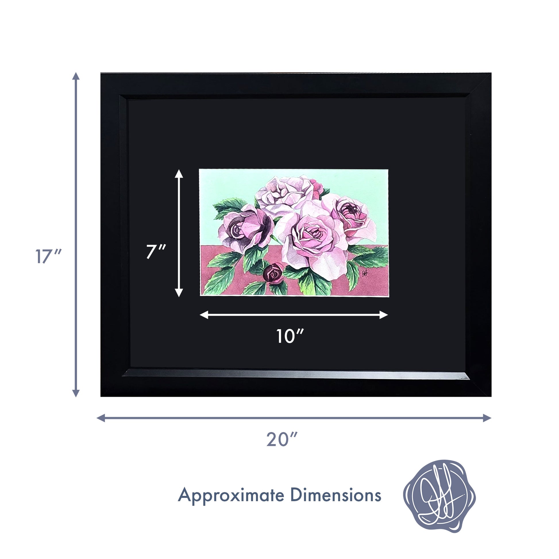 Dimensions of an original framed watercolor painting of a Lavender Veranda Rose by Heidi Leduc, highlighting the soft lavender blooms and contemporary colour palette.