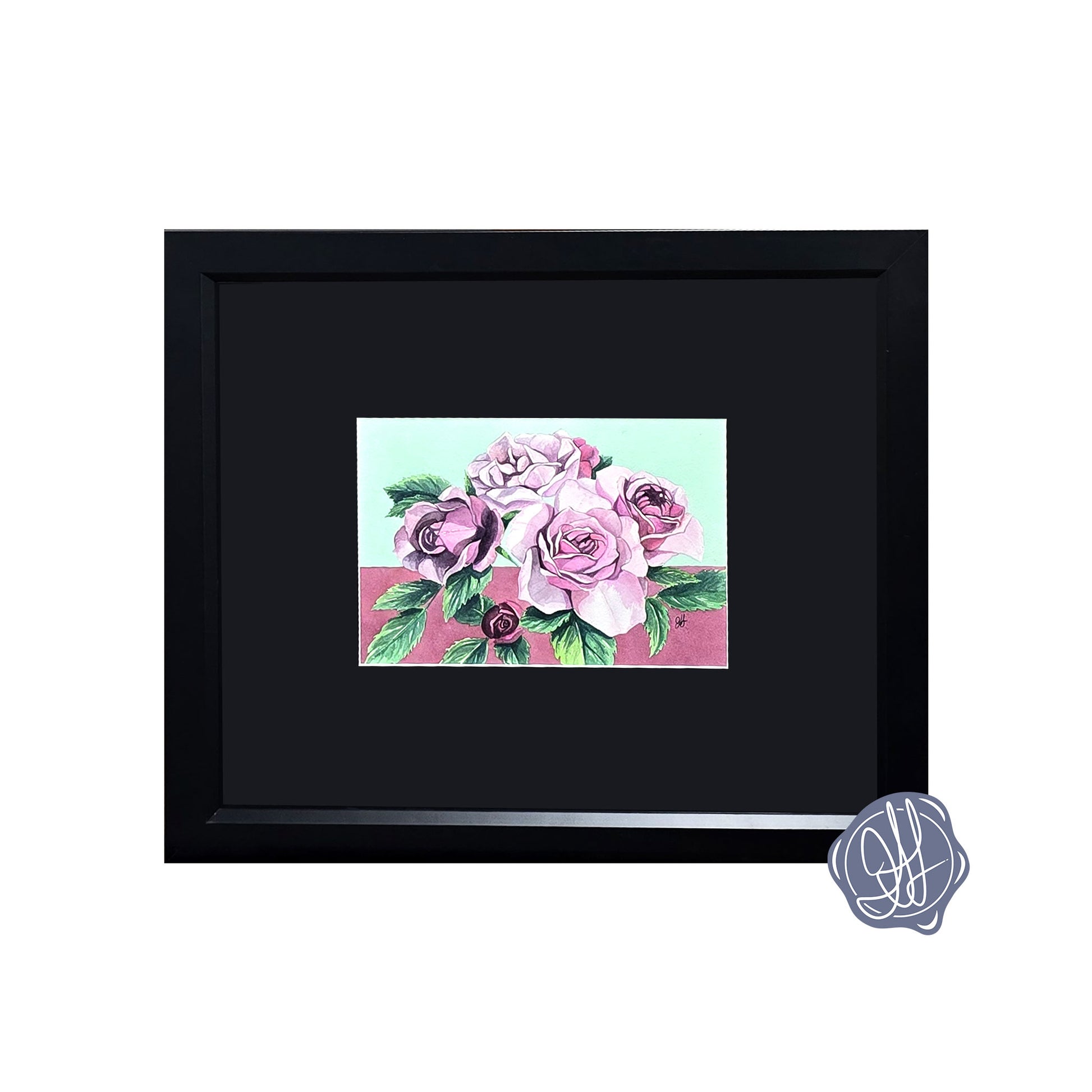 Framed watercolor painting of a Lavender Veranda Rose with soft lavender blooms against a teal green and purple background.