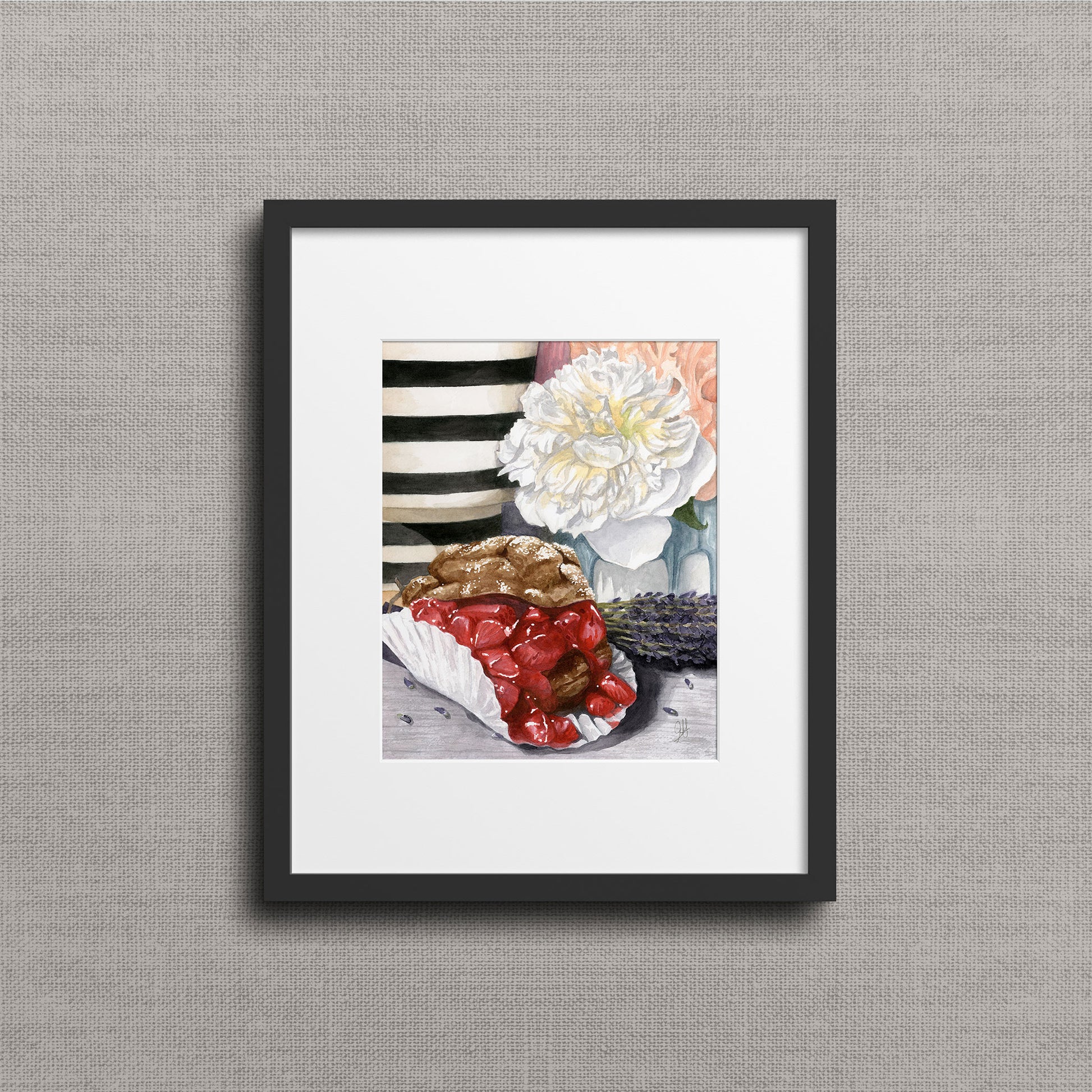 Pastry & Peony watercolor giclée art print by Heidi Leduc displayed in a frame on a wall. Artwork shown in frame for styling only—frame not included.