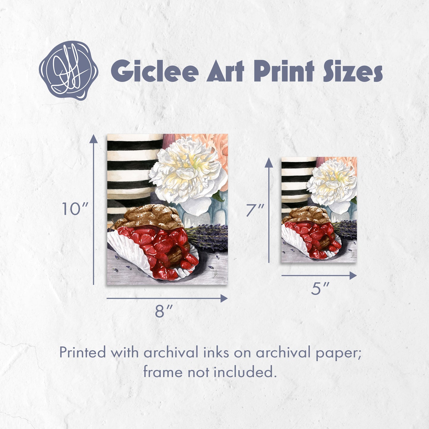Pastry & Peony watercolor giclée art print in 5x7 and 8x10 inch sizes shown side by side for scale — archival cotton paper fine art print.