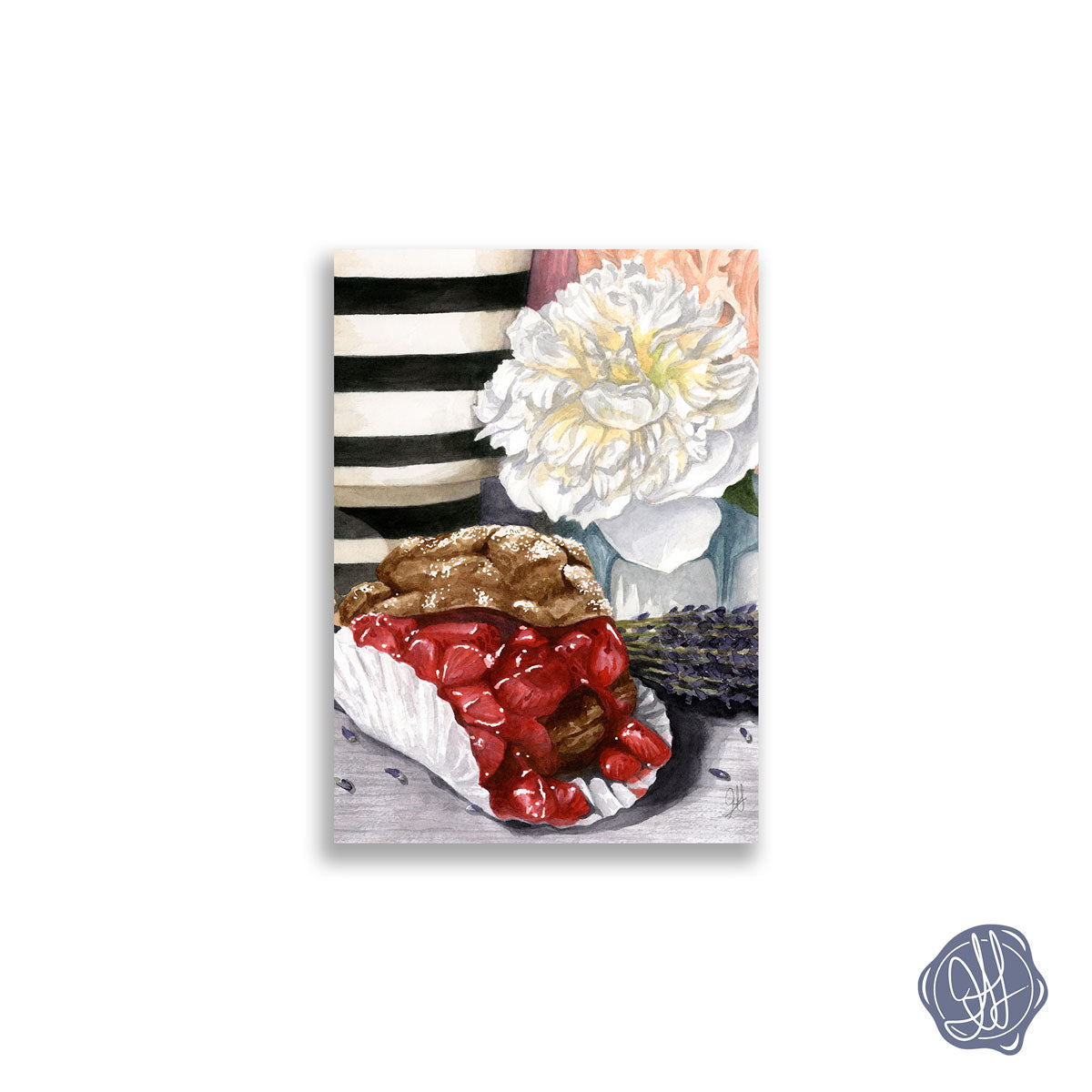 Pastry & Peony watercolor giclée art print by Heidi Leduc. This still life pairs a blooming white peony with a strawberry cream puff—soft florals and bold stripes balanced in one joyful composition.