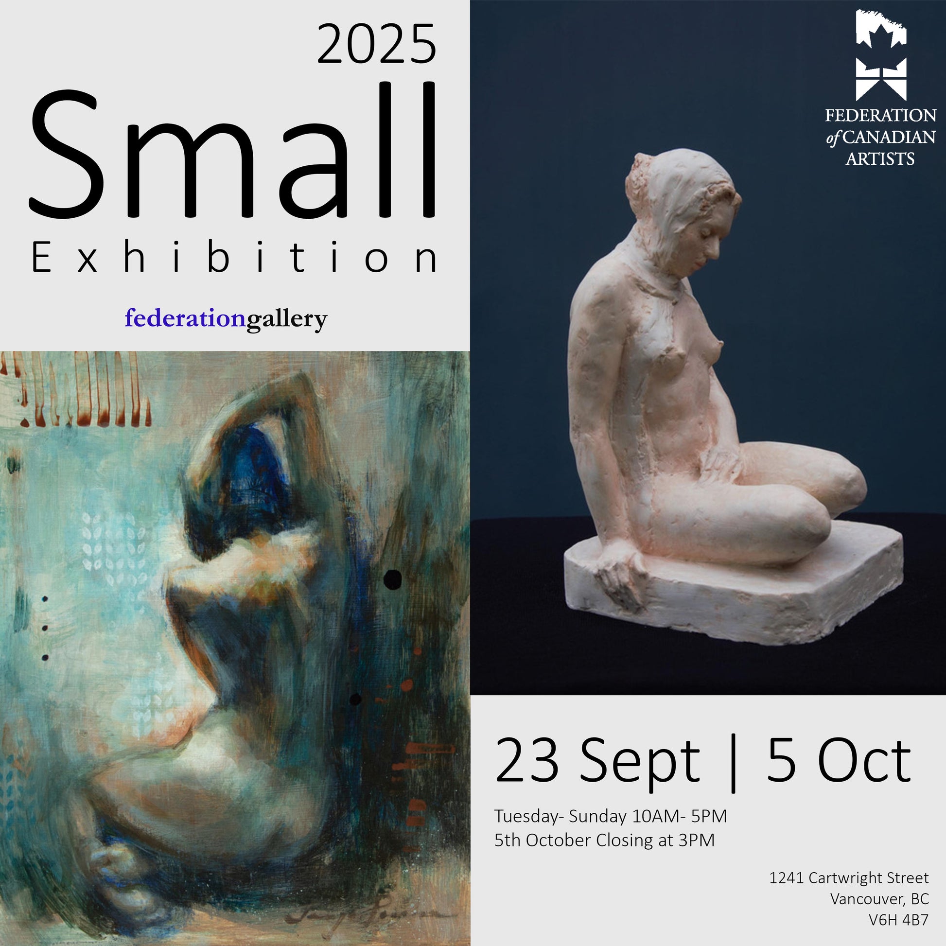 Promotional poster for '2025 Small Exhibition' at Federation Gallery featuring a sculpture and painting.