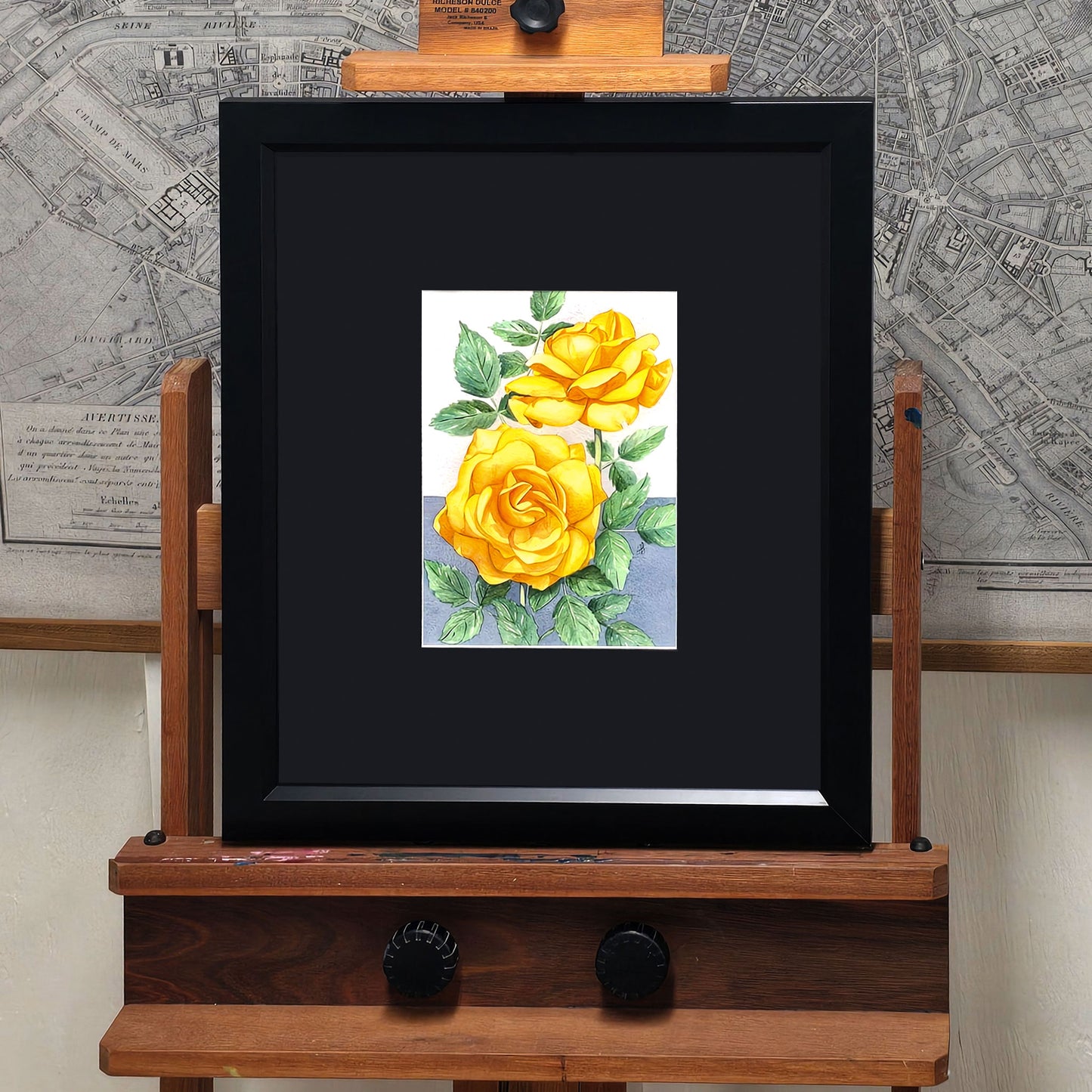 Original framed watercolor painting of a South Africa Rose with vibrant orange blooms against a soft blue background.
