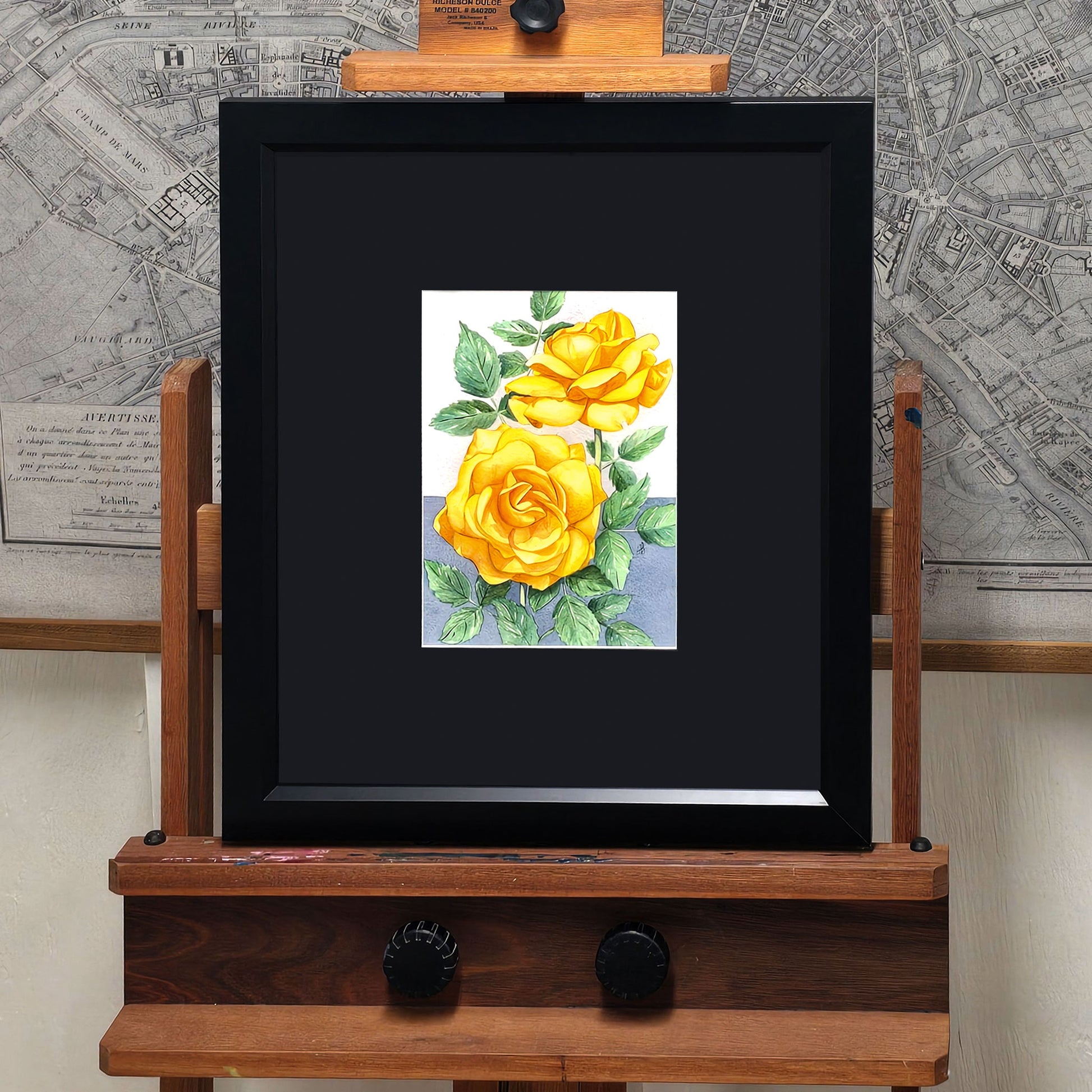 Original framed watercolor painting of a South Africa Rose with vibrant orange blooms against a soft blue background.