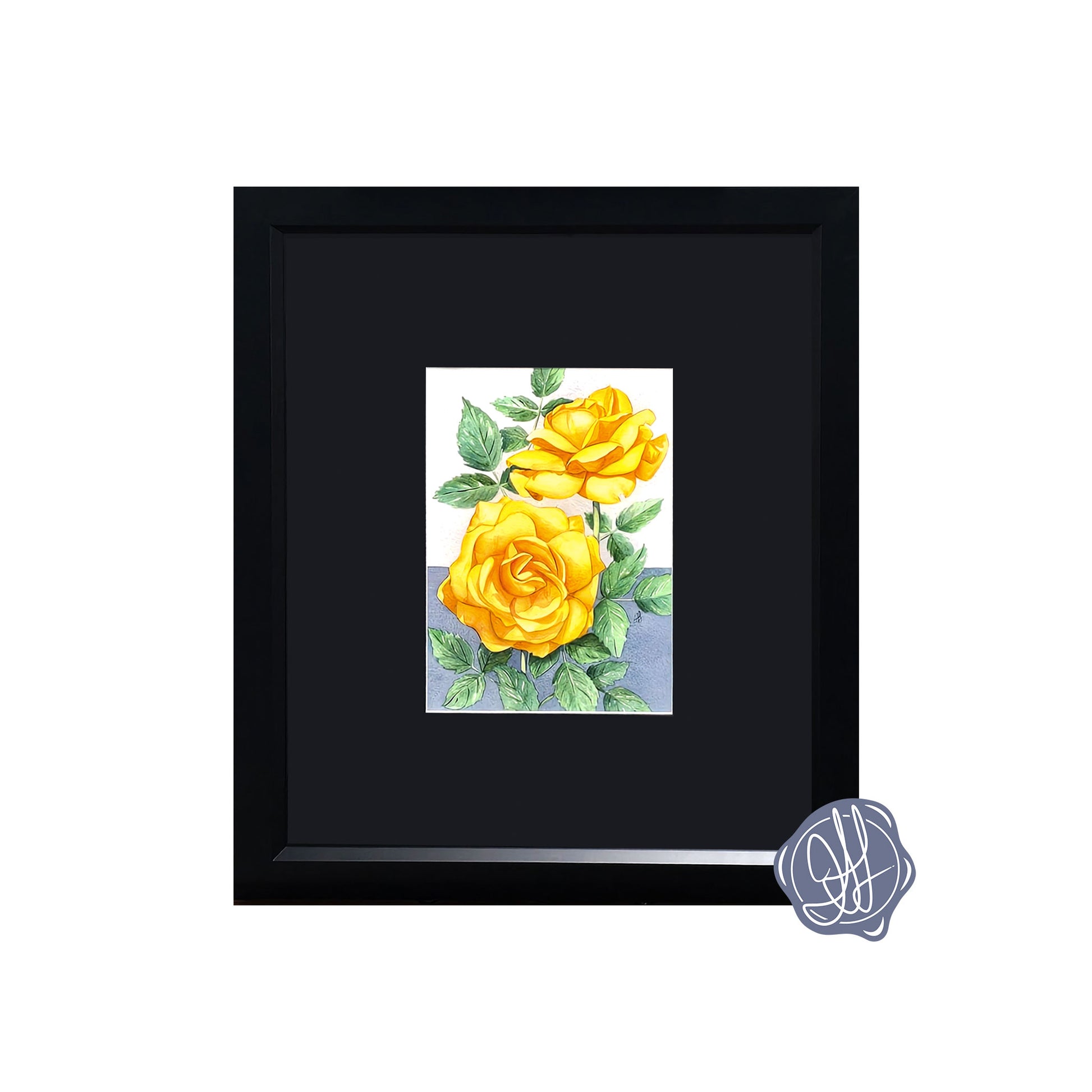Framed watercolor painting of a South Africa Rose with vibrant orange blooms against a soft blue background