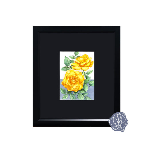 Framed watercolor painting of a South Africa Rose with vibrant orange blooms against a soft blue background