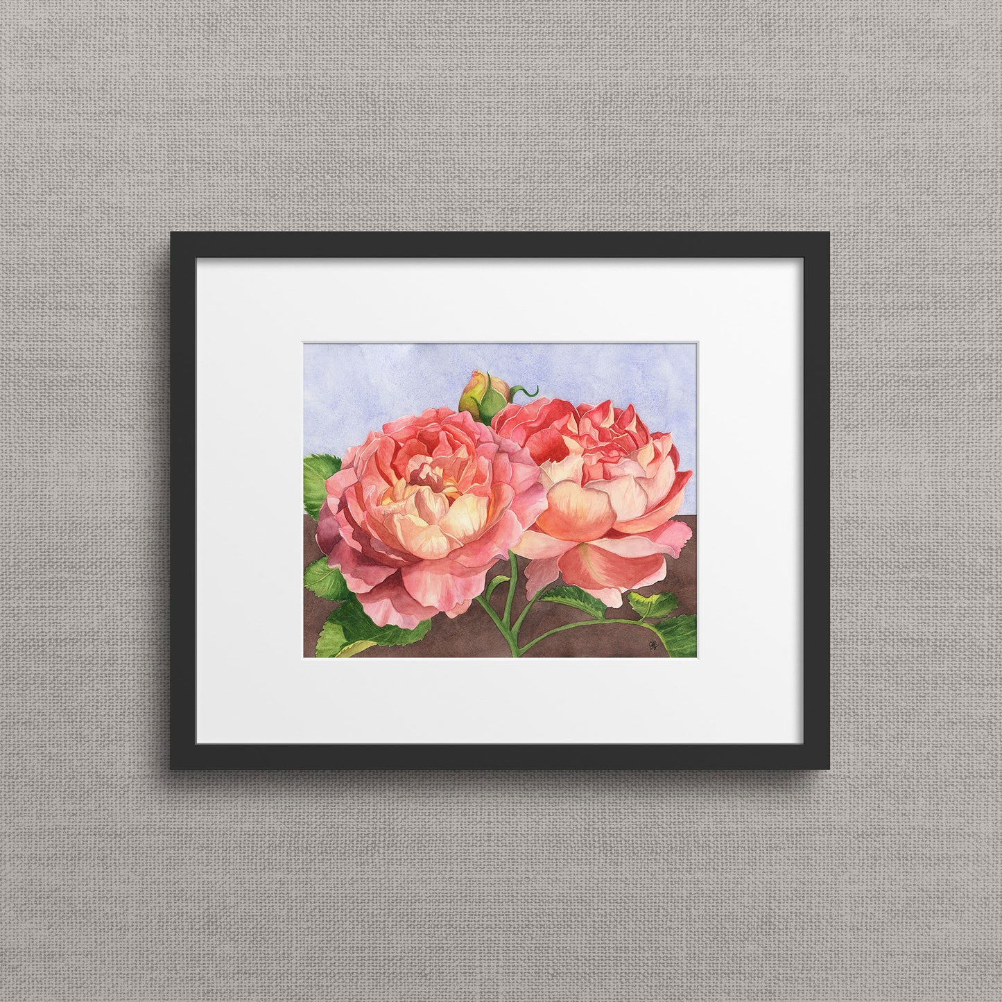 Framed watercolor rose giclée art print by Heidi Leduc shown framed on a wall — glowing pink roses against a minimalist split blue and brown background. Frame not included. By Heidi Leduc