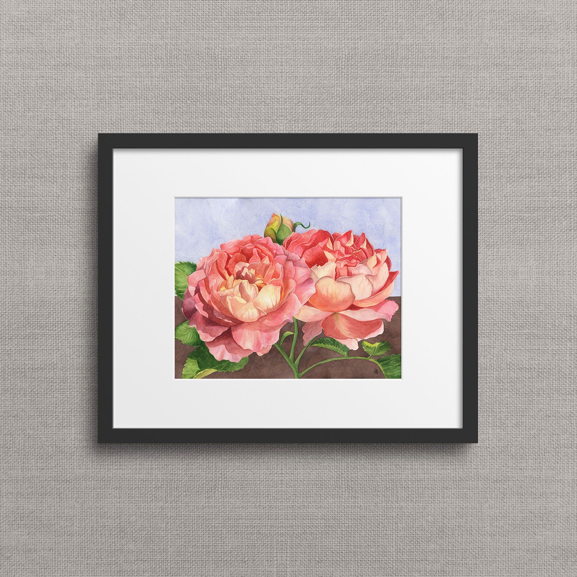 Framed watercolor rose giclée art print by Heidi Leduc shown framed on a wall — glowing pink roses against a minimalist split blue and brown background. Frame not included. By Heidi Leduc
