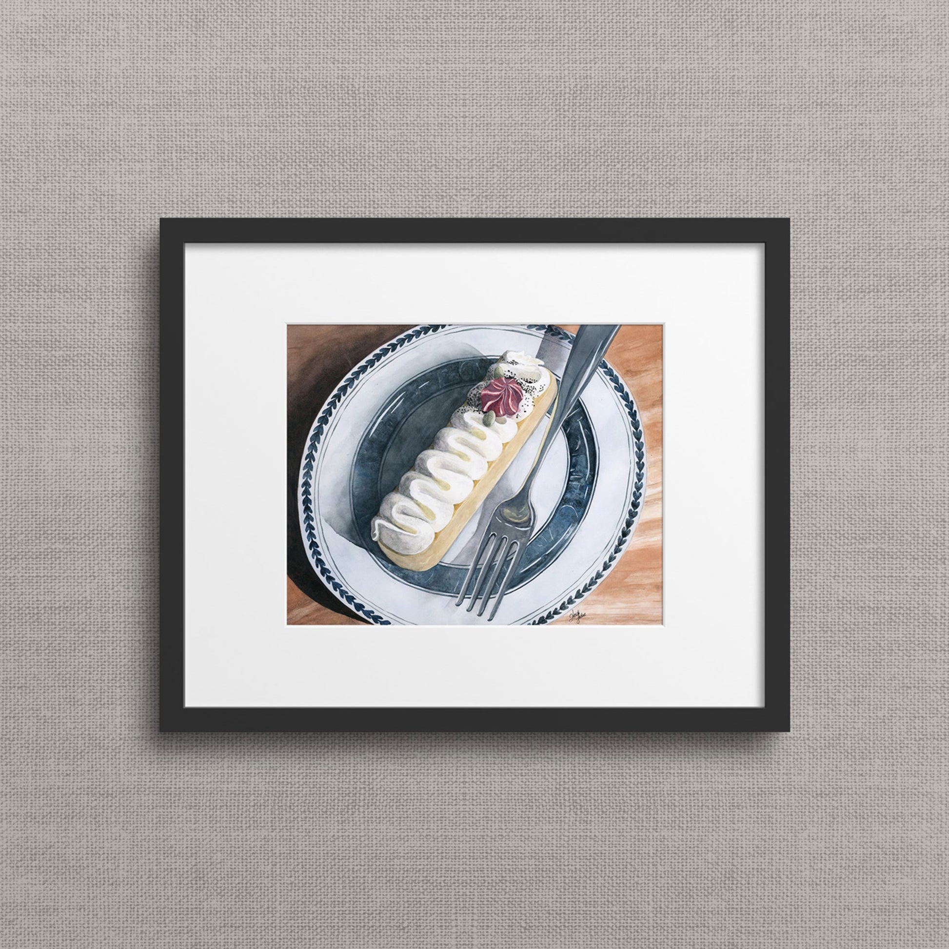 Framed watercolor still life of a dessert tart with whipped cream, pumpkin seeds, berry ganache, and fork — archival giclée print. By Heidi Leduc