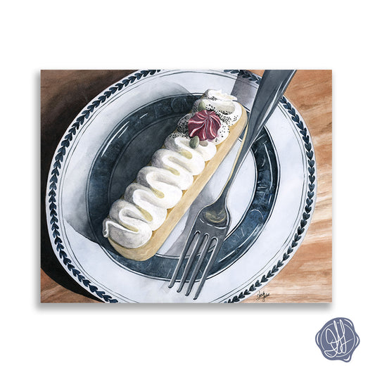 Watercolor still life of a dessert tart with whipped cream, pumpkin seeds, berry ganache, and fork — archival giclée print. By Heidi Leduc