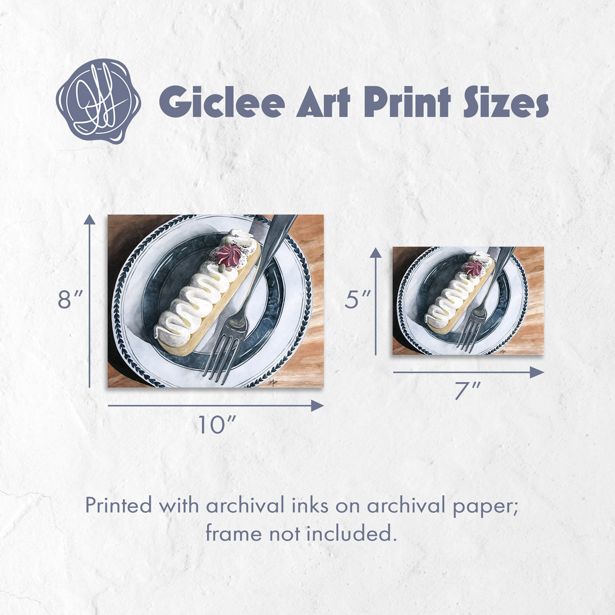 Giclee art print sizes for watercolor still life of a dessert tart with whipped cream, pumpkin seeds, berry ganache, and fork — archival giclée print. By Heidi Leduc