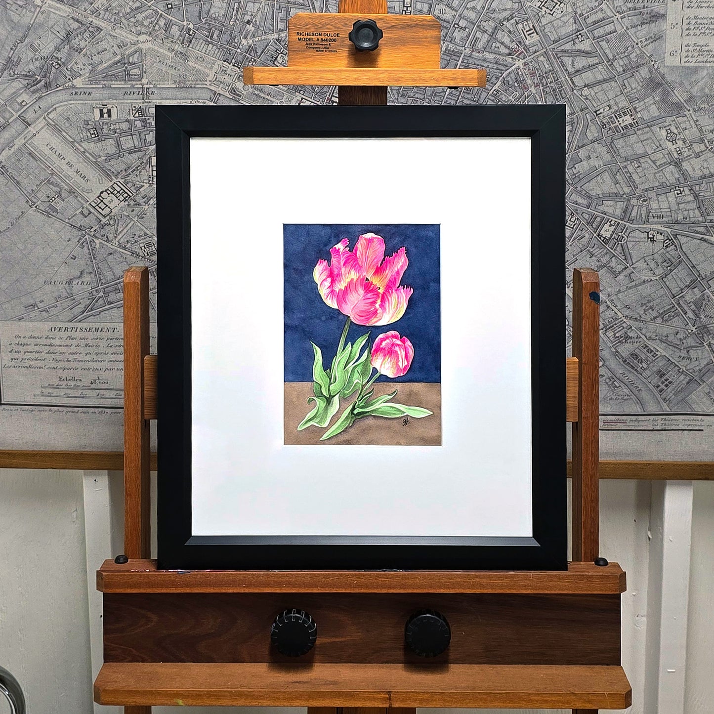 Original framed Apricot Parrot Tulip watercolor painting displayed in a black frame with a white mat.