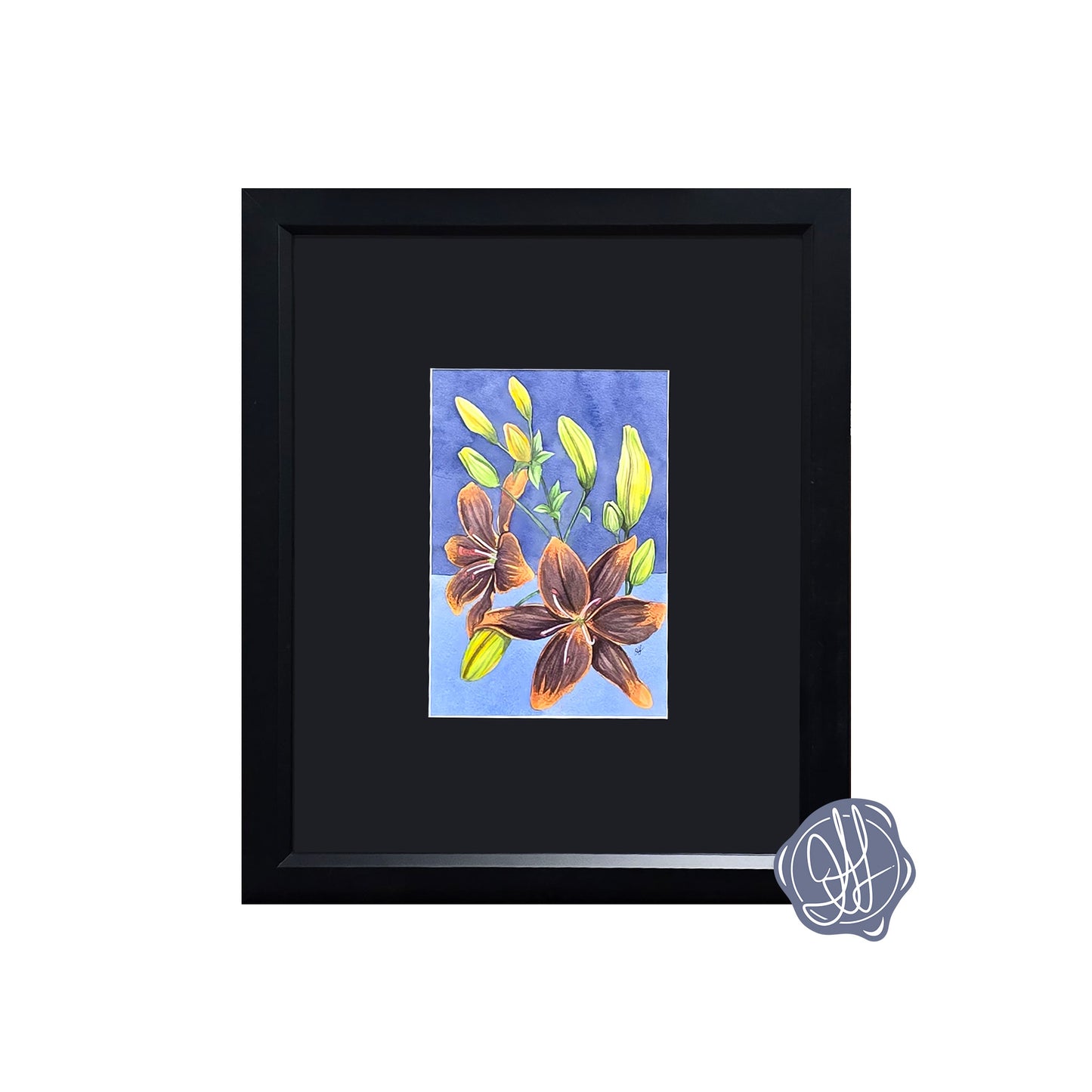 Original framed watercolor painting of a Forever Susan Lily with deep purple petals and orange tips against a blue background.
