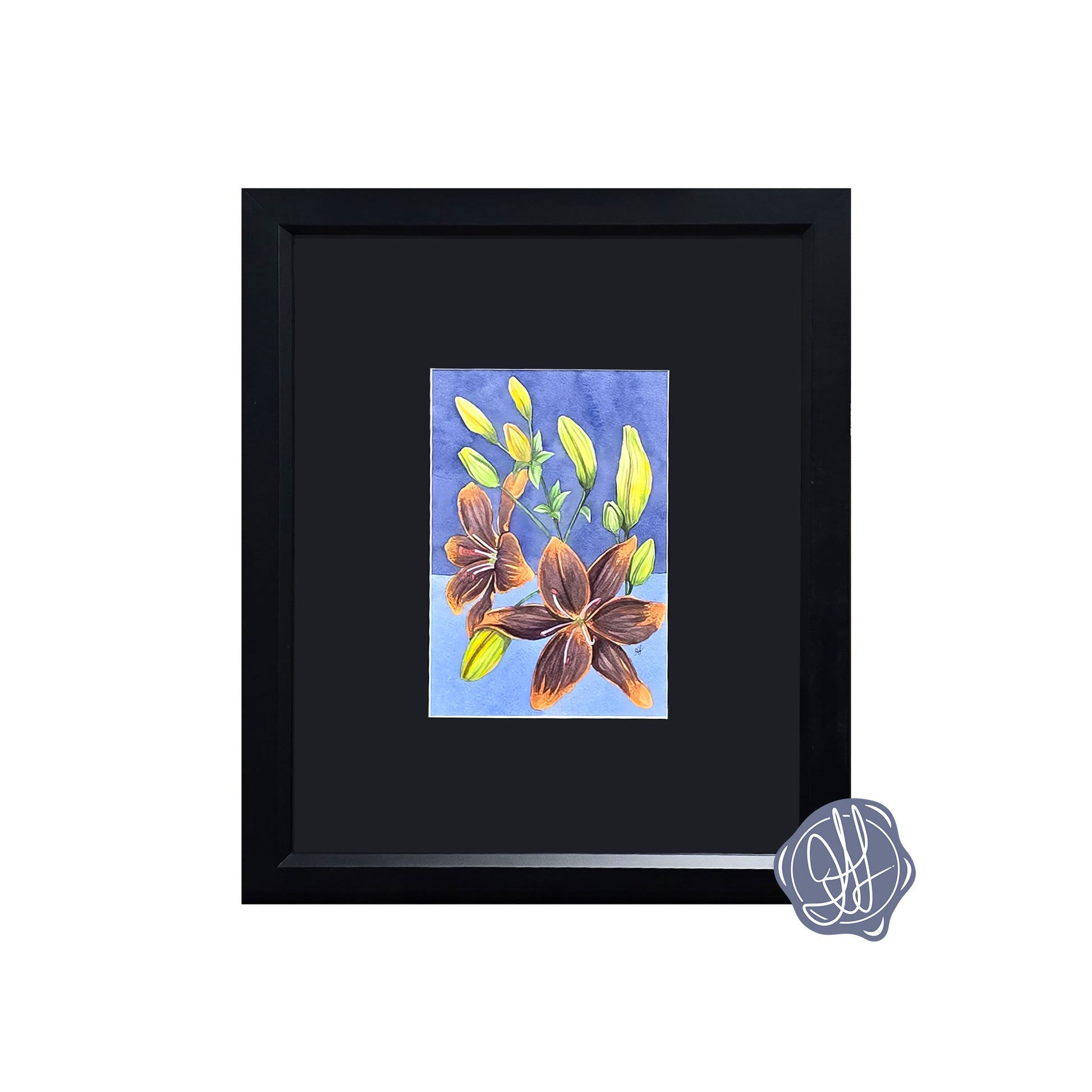 Original framed watercolor painting of a Forever Susan Lily with deep purple petals and orange tips against a blue background.