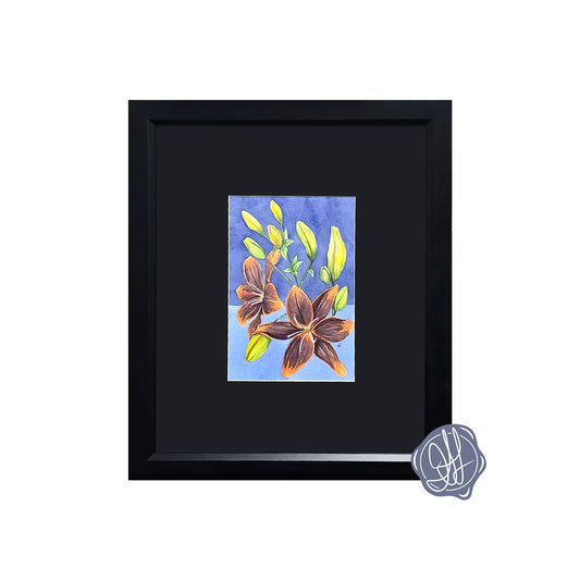 Original framed watercolor painting of a Forever Susan Lily with deep purple petals and orange tips against a blue background.